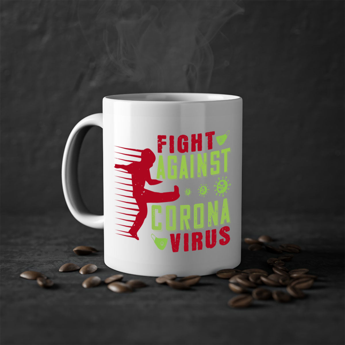 A stylish two-tone ceramic mug with a colored handle and interior, designed to symbolize the fight against coronavirus.
