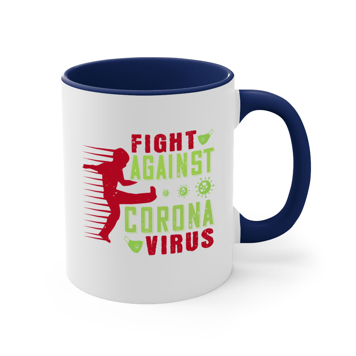 A stylish two-tone ceramic mug with a colored handle and interior, designed to symbolize the fight against coronavirus.