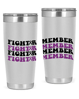 Fight Remember 142# Tumbler in stainless steel with a drink-thru lid, showcasing its sleek design and vibrant print for Alzheimer's awareness.