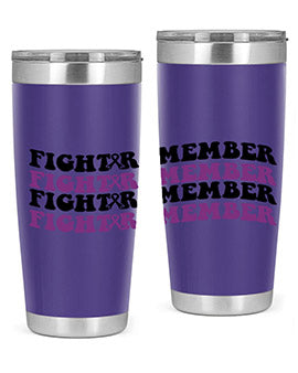 Fight Remember 142# Tumbler in stainless steel with a drink-thru lid, showcasing its sleek design and vibrant print for Alzheimer's awareness.