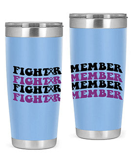 Fight Remember 142# Tumbler in stainless steel with a drink-thru lid, showcasing its sleek design and vibrant print for Alzheimer's awareness.