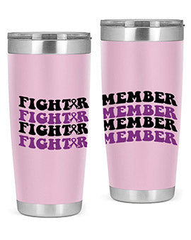 Fight Remember 142# Tumbler in stainless steel with a drink-thru lid, showcasing its sleek design and vibrant print for Alzheimer's awareness.