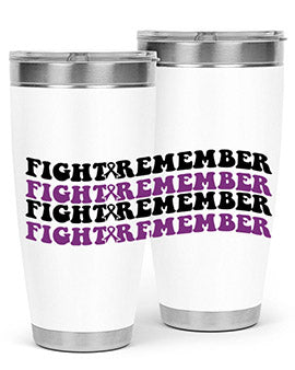 Fight Remember 142# Tumbler in stainless steel with a drink-thru lid, showcasing its sleek design and vibrant print for Alzheimer's awareness.