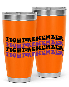 Fight Remember 142# Tumbler in stainless steel with a drink-thru lid, showcasing its sleek design and vibrant print for Alzheimer's awareness.