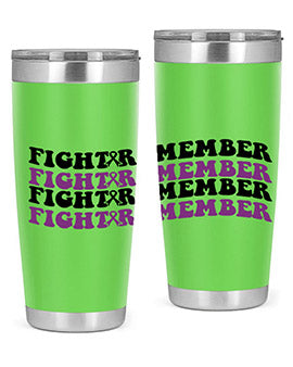 Fight Remember 142# Tumbler in stainless steel with a drink-thru lid, showcasing its sleek design and vibrant print for Alzheimer's awareness.
