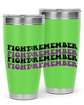 Fight Remember 142# Tumbler in stainless steel with a drink-thru lid, showcasing its sleek design and vibrant print for Alzheimer's awareness.
