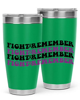 Fight Remember 142# Tumbler in stainless steel with a drink-thru lid, showcasing its sleek design and vibrant print for Alzheimer's awareness.