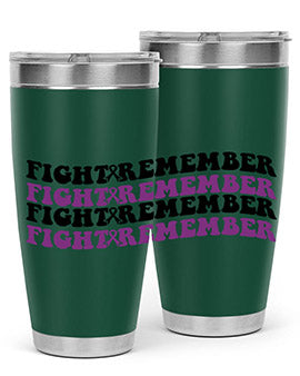 Fight Remember 142# Tumbler in stainless steel with a drink-thru lid, showcasing its sleek design and vibrant print for Alzheimer's awareness.