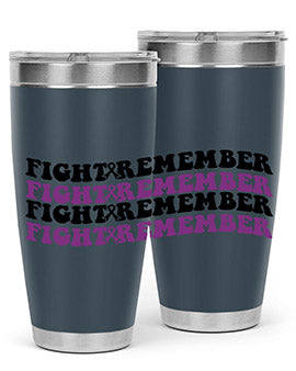 Fight Remember 142# Tumbler in stainless steel with a drink-thru lid, showcasing its sleek design and vibrant print for Alzheimer's awareness.