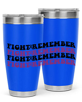 Fight Remember 142# Tumbler in stainless steel with a drink-thru lid, showcasing its sleek design and vibrant print for Alzheimer's awareness.