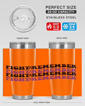 Fight Remember 142# Tumbler in stainless steel with a drink-thru lid, showcasing its sleek design and vibrant print for Alzheimer's awareness.