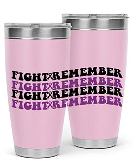 Fight Remember 142# Tumbler in stainless steel with a drink-thru lid, showcasing its sleek design and vibrant print for Alzheimer's awareness.