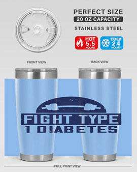 Fight Type Diabetes Style 37# 20oz Tumbler in stainless steel with a drink-thru lid, showcasing its sleek design and insulation features.