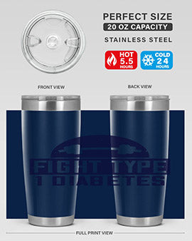 Fight Type Diabetes Style 37# 20oz Tumbler in stainless steel with a drink-thru lid, showcasing its sleek design and insulation features.