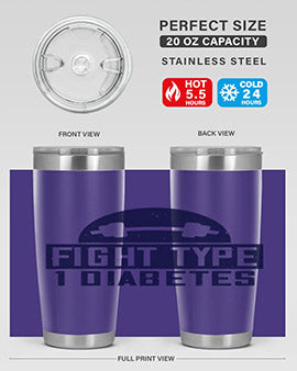 Fight Type Diabetes Style 37# 20oz Tumbler in stainless steel with a drink-thru lid, showcasing its sleek design and insulation features.