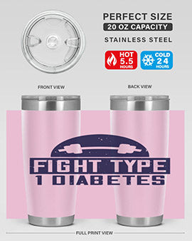 Fight Type Diabetes Style 37# 20oz Tumbler in stainless steel with a drink-thru lid, showcasing its sleek design and insulation features.