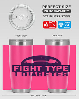 Fight Type Diabetes Style 37# 20oz Tumbler in stainless steel with a drink-thru lid, showcasing its sleek design and insulation features.