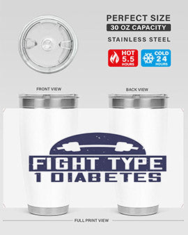Fight Type Diabetes Style 37# 20oz Tumbler in stainless steel with a drink-thru lid, showcasing its sleek design and insulation features.