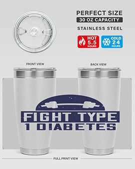 Fight Type Diabetes Style 37# 20oz Tumbler in stainless steel with a drink-thru lid, showcasing its sleek design and insulation features.