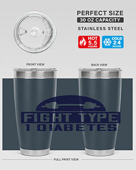Fight Type Diabetes Style 37# 20oz Tumbler in stainless steel with a drink-thru lid, showcasing its sleek design and insulation features.