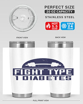 Fight Type Diabetes Style 37# 20oz Tumbler in stainless steel with a drink-thru lid, showcasing its sleek design and insulation features.