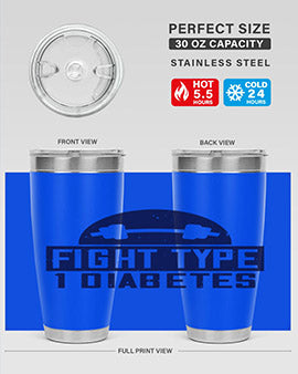 Fight Type Diabetes Style 37# 20oz Tumbler in stainless steel with a drink-thru lid, showcasing its sleek design and insulation features.