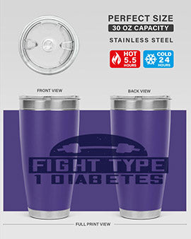 Fight Type Diabetes Style 37# 20oz Tumbler in stainless steel with a drink-thru lid, showcasing its sleek design and insulation features.