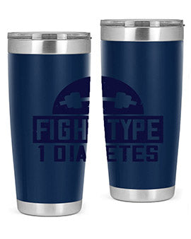 Fight Type Diabetes Style 37# 20oz Tumbler in stainless steel with a drink-thru lid, showcasing its sleek design and insulation features.
