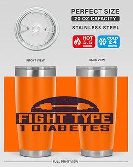 Fight Type Diabetes Style 37# 20oz Tumbler in stainless steel with a drink-thru lid, showcasing its sleek design and insulation features.