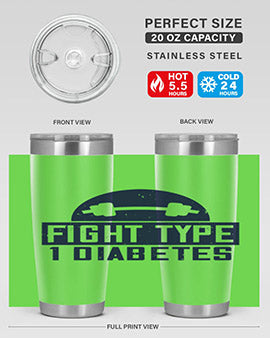 Fight Type Diabetes Style 37# 20oz Tumbler in stainless steel with a drink-thru lid, showcasing its sleek design and insulation features.