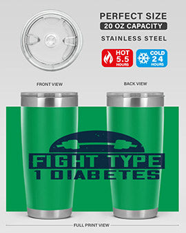 Fight Type Diabetes Style 37# 20oz Tumbler in stainless steel with a drink-thru lid, showcasing its sleek design and insulation features.
