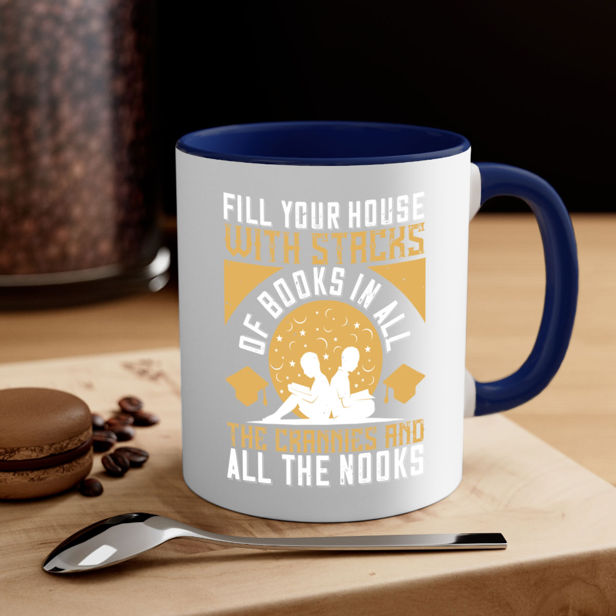 A stylish two-tone ceramic mug with a colored handle and glossy finish, perfect for coffee lovers and book enthusiasts.
