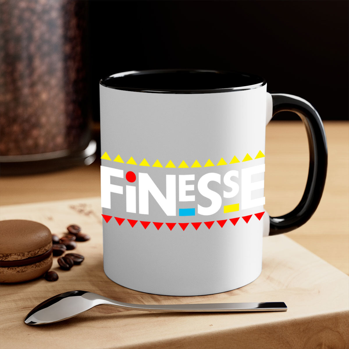 Finesse 155# Mug in black with colored handle and glossy finish, perfect for coffee and tea.