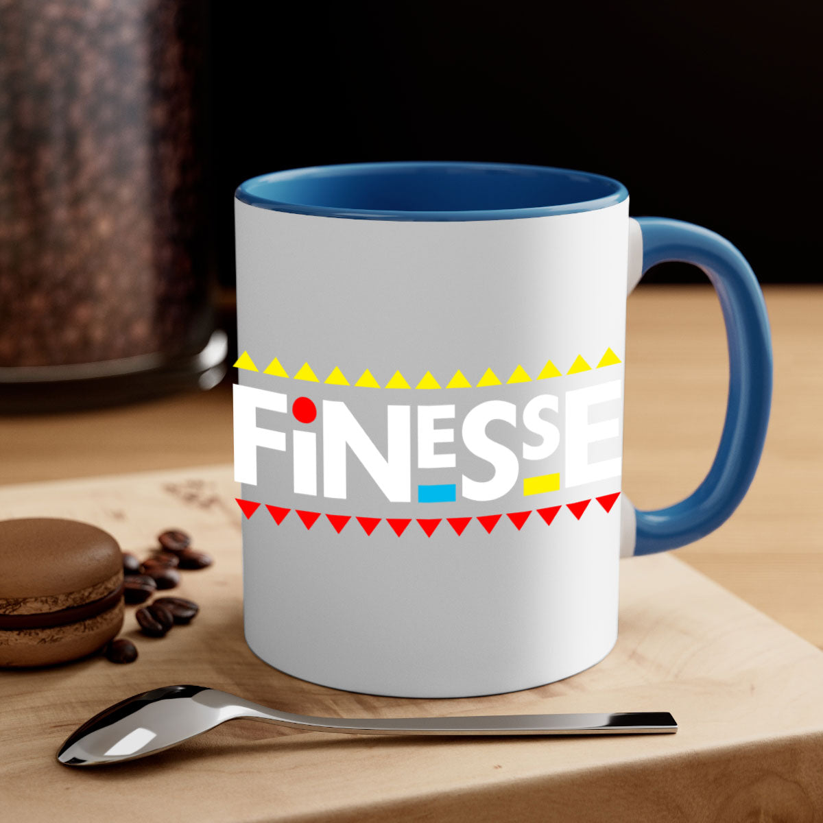 Finesse 158# black mug with colored handle and glossy finish, perfect for coffee and tea.
