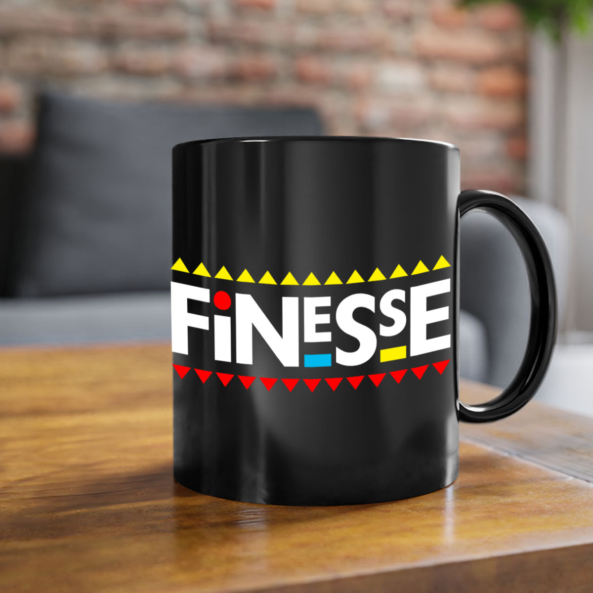 Finesse 158# black mug with colored handle and glossy finish, perfect for coffee and tea.