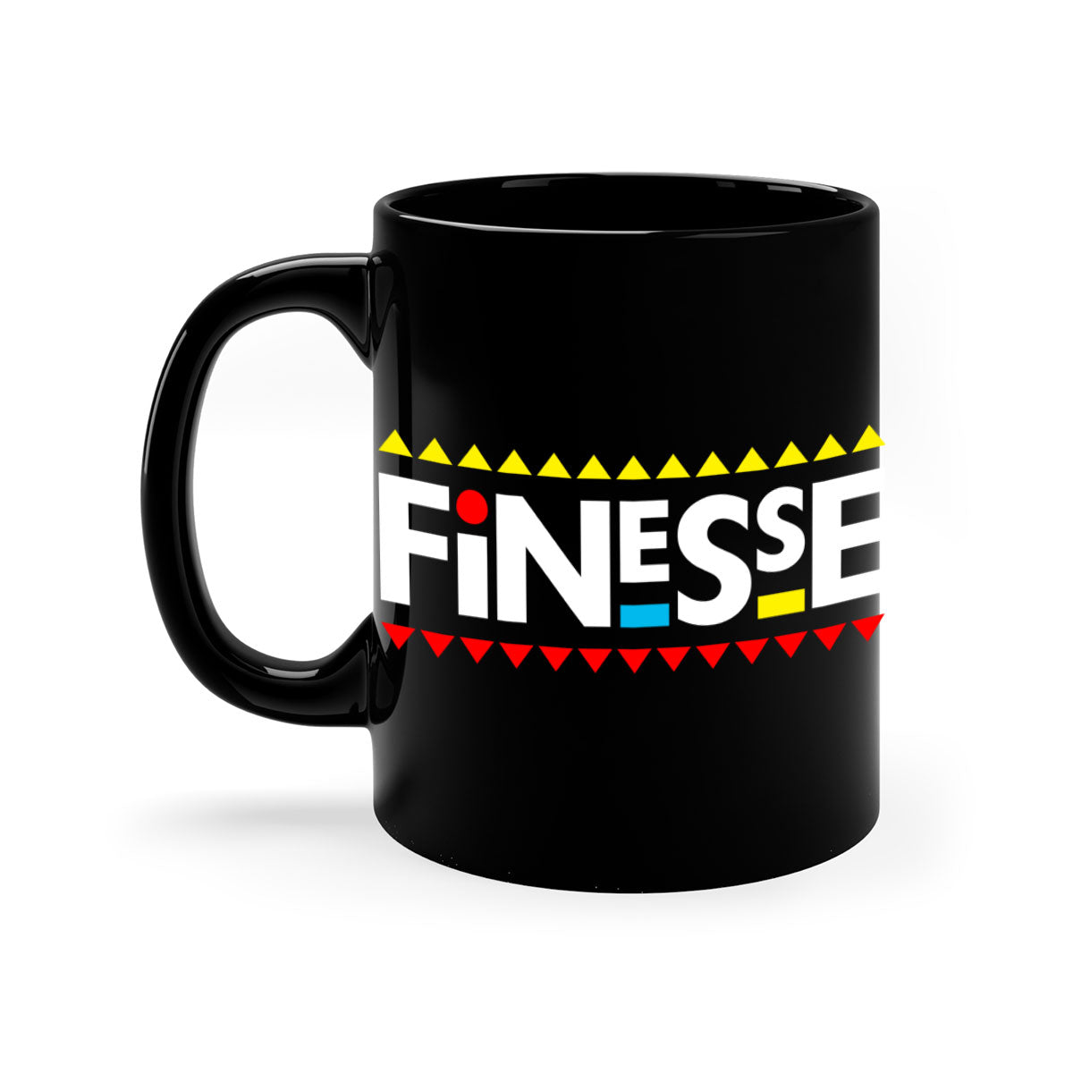 Finesse 158# black mug with colored handle and glossy finish, perfect for coffee and tea.