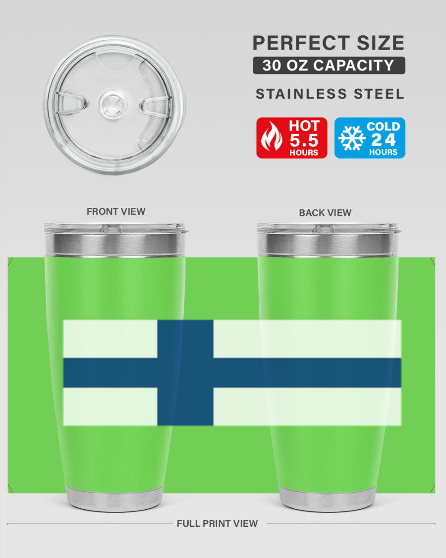 Finland 138# Tumbler showcasing double wall vacuum stainless steel design with a drink-thru lid, perfect for hot and cold beverages.