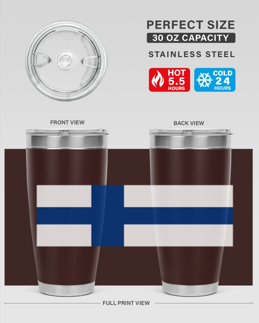 Finland 138# Tumbler showcasing double wall vacuum stainless steel design with a drink-thru lid, perfect for hot and cold beverages.