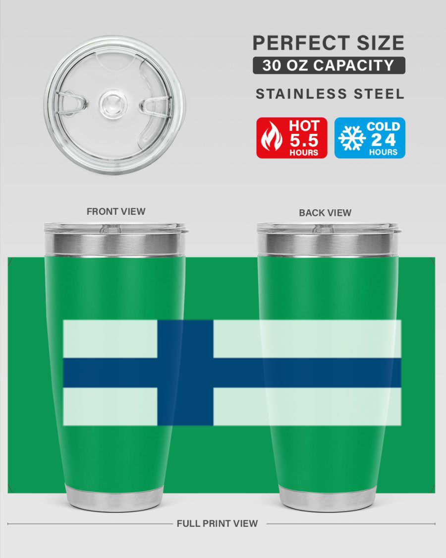 Finland 138# Tumbler showcasing double wall vacuum stainless steel design with a drink-thru lid, perfect for hot and cold beverages.