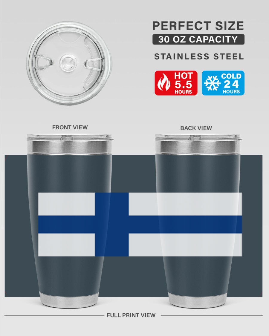 Finland 138# Tumbler showcasing double wall vacuum stainless steel design with a drink-thru lid, perfect for hot and cold beverages.