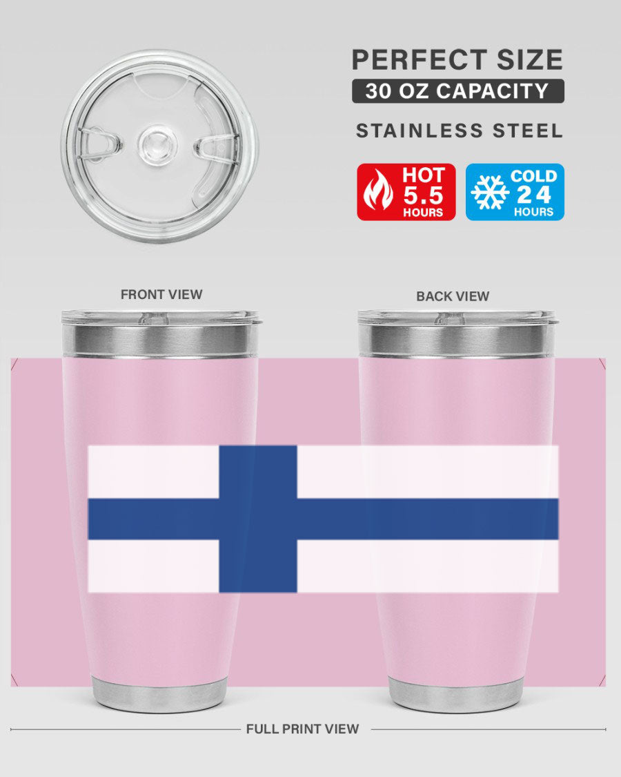 Finland 138# Tumbler showcasing double wall vacuum stainless steel design with a drink-thru lid, perfect for hot and cold beverages.