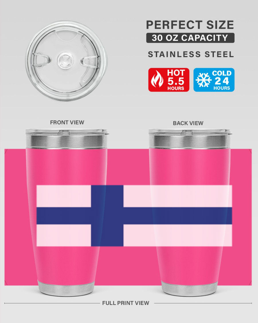 Finland 138# Tumbler showcasing double wall vacuum stainless steel design with a drink-thru lid, perfect for hot and cold beverages.