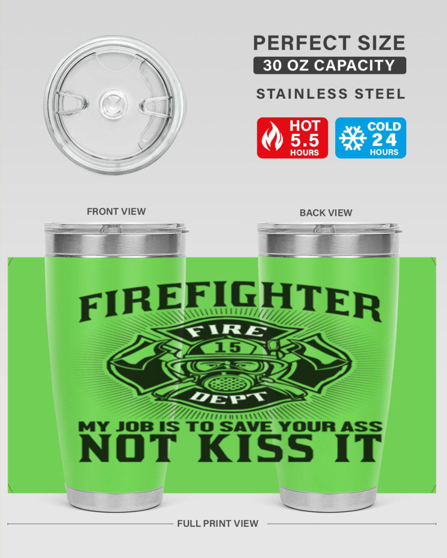 Fire Fighter my job Style 83# tumbler in stainless steel with a drink-thru lid, showcasing its double wall vacuum insulation.