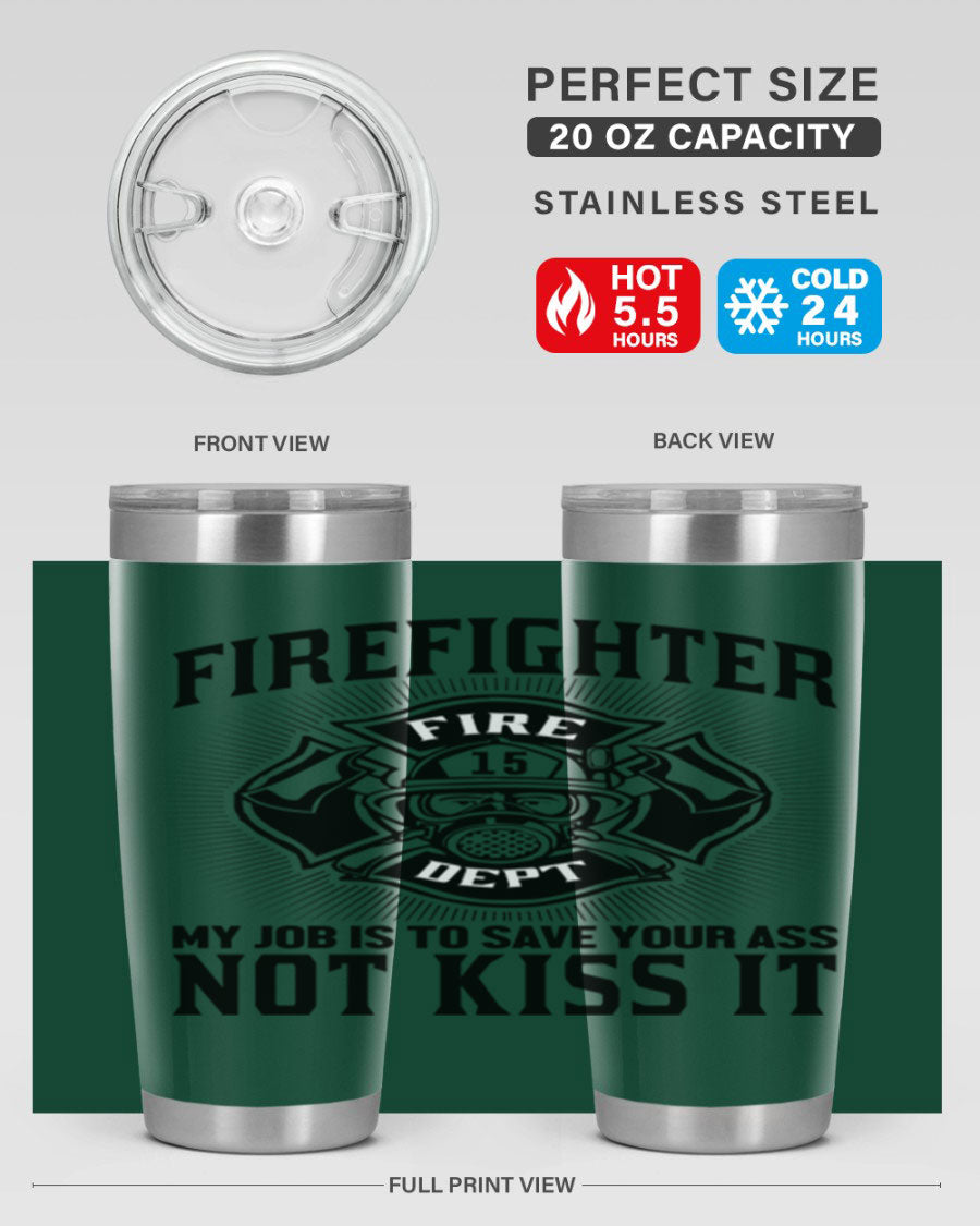Fire Fighter my job Style 83# tumbler in stainless steel with a drink-thru lid, showcasing its double wall vacuum insulation.