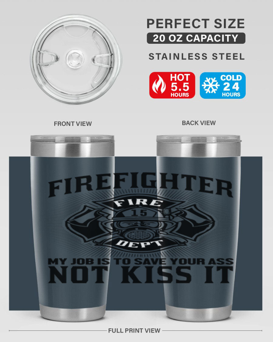 Fire Fighter my job Style 83# tumbler in stainless steel with a drink-thru lid, showcasing its double wall vacuum insulation.