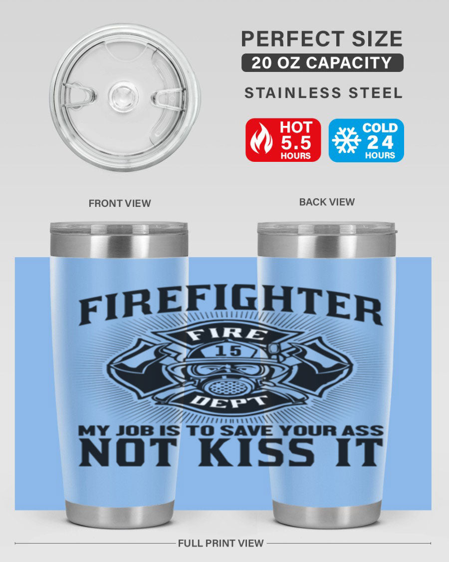 Fire Fighter my job Style 83# tumbler in stainless steel with a drink-thru lid, showcasing its double wall vacuum insulation.