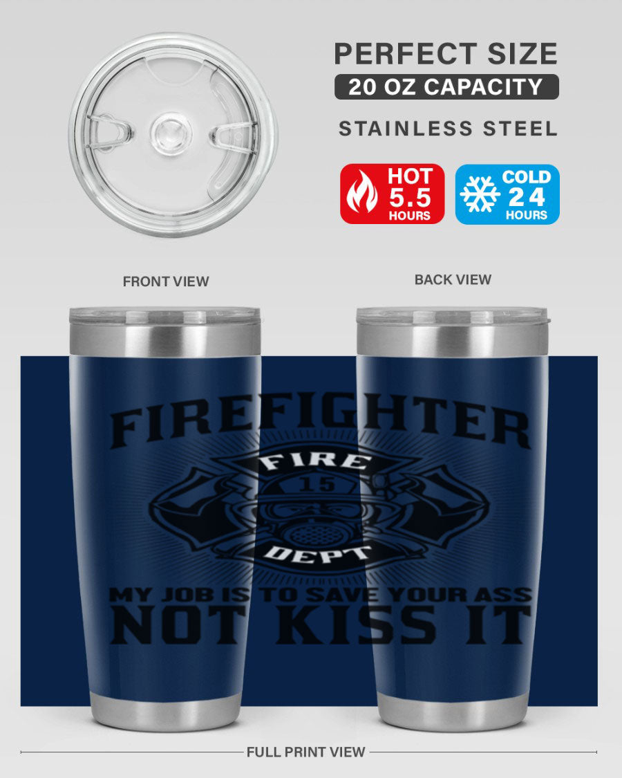 Fire Fighter my job Style 83# tumbler in stainless steel with a drink-thru lid, showcasing its double wall vacuum insulation.