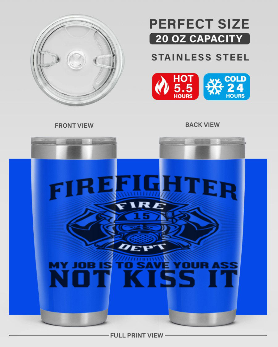 Fire Fighter my job Style 83# tumbler in stainless steel with a drink-thru lid, showcasing its double wall vacuum insulation.