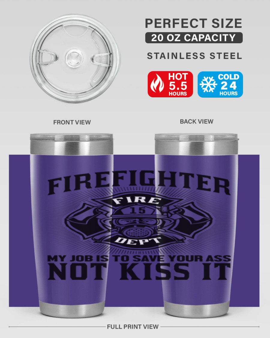 Fire Fighter my job Style 83# tumbler in stainless steel with a drink-thru lid, showcasing its double wall vacuum insulation.