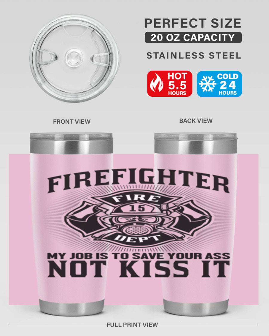Fire Fighter my job Style 83# tumbler in stainless steel with a drink-thru lid, showcasing its double wall vacuum insulation.